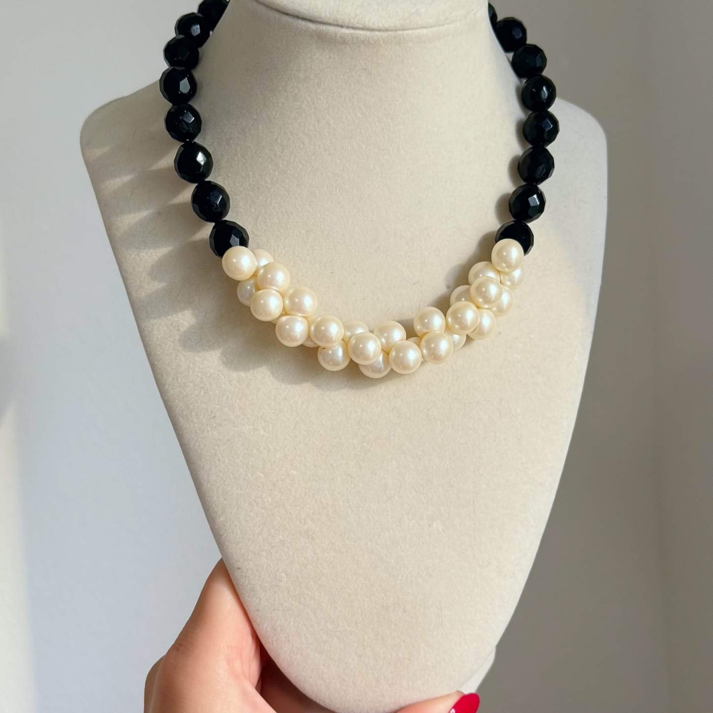 Vintage Black Glass & Faux Pearl Necklace