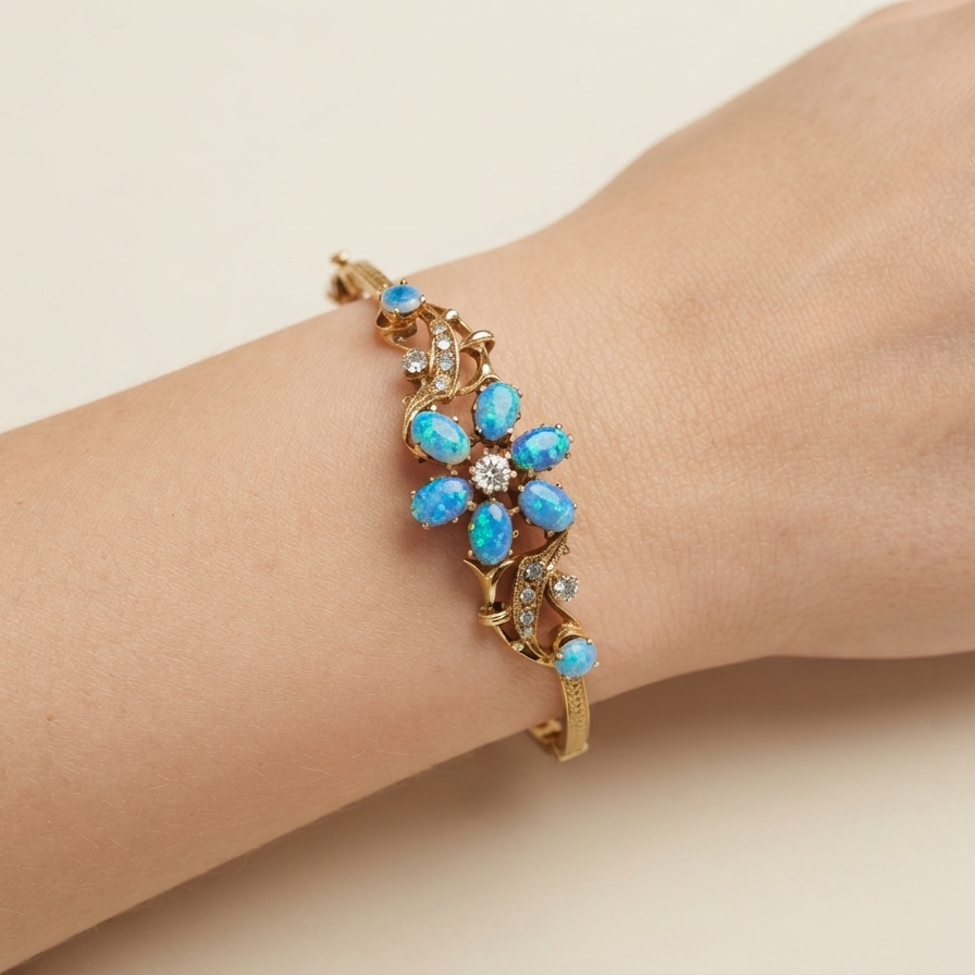 Victorian Opal & Diamond Engraved Bangle
