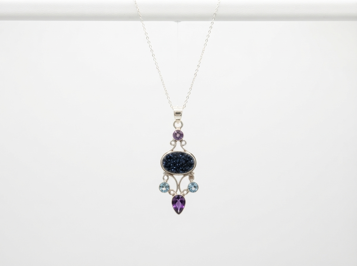 Vintage Silver Druzy, Amethyst & Topaz Necklace