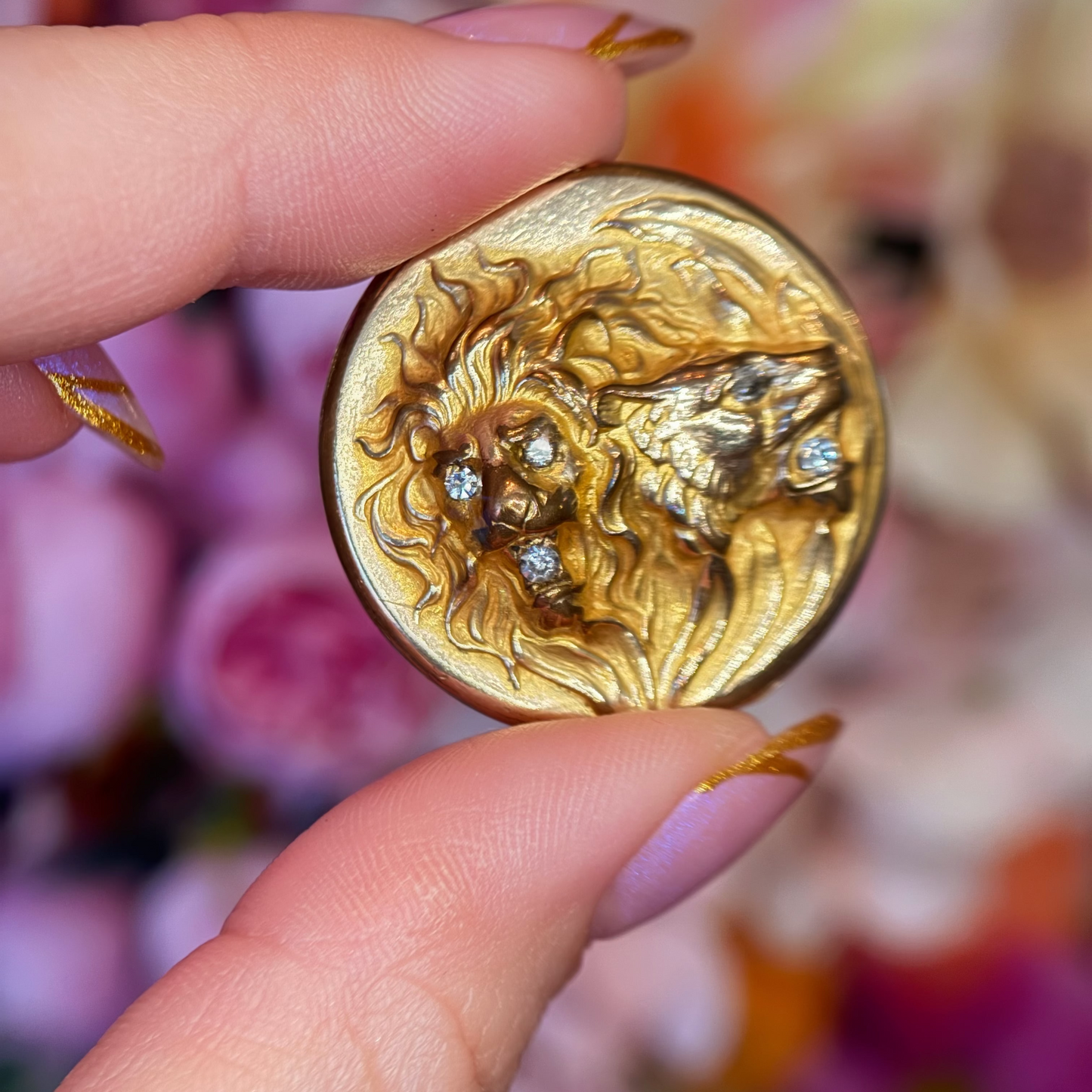 Victorian Gold-Filled Diamond Lion Locket Brooch