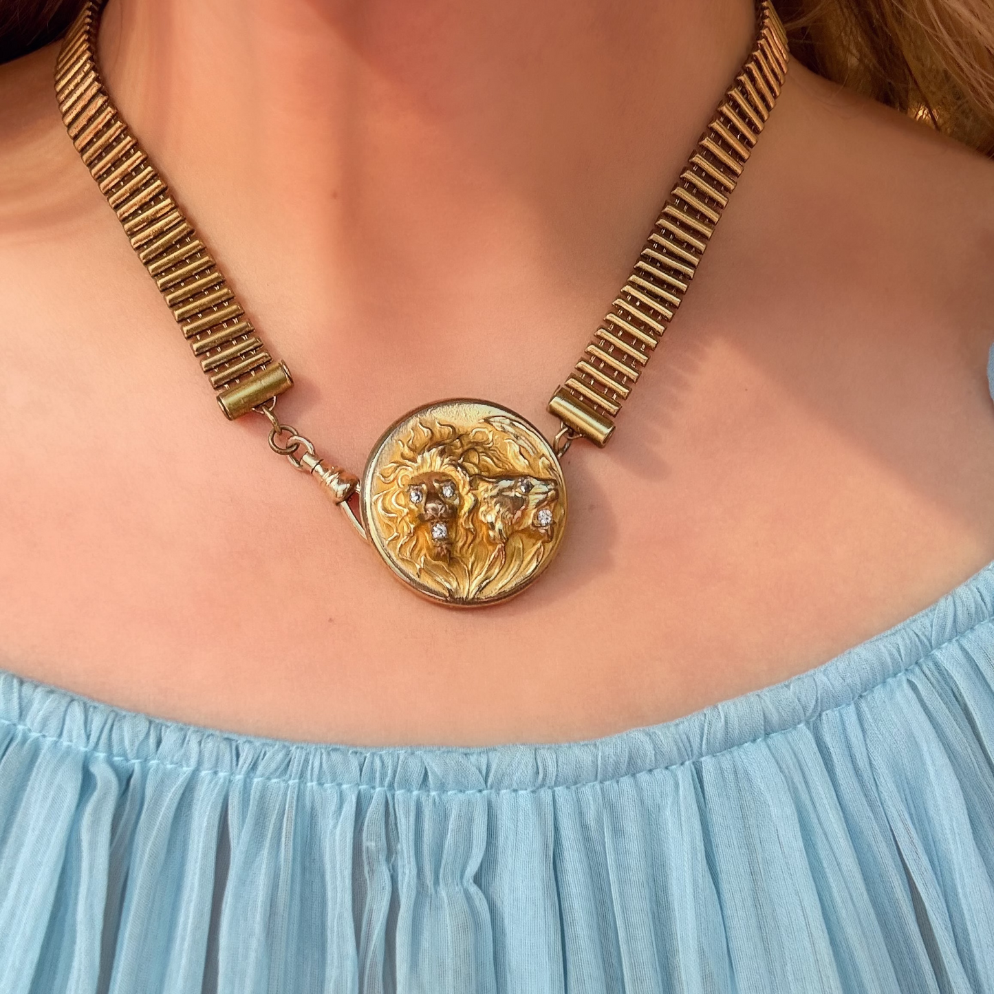 Victorian Gold-Filled Diamond Lion Locket Brooch