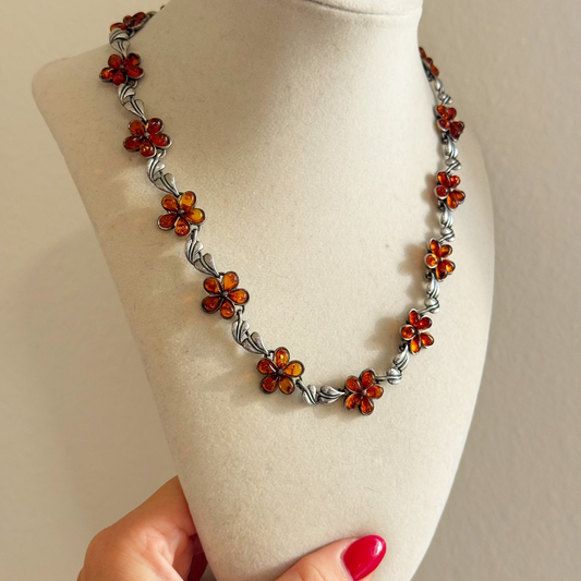 Vintage Sterling Amber Floral Necklace
