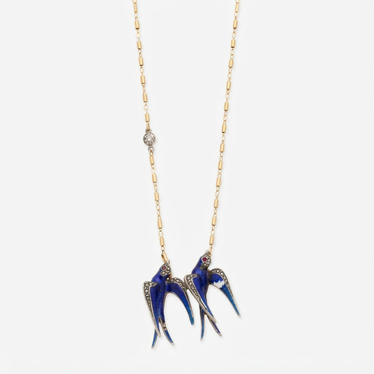Antique Enamel Swallow Necklace