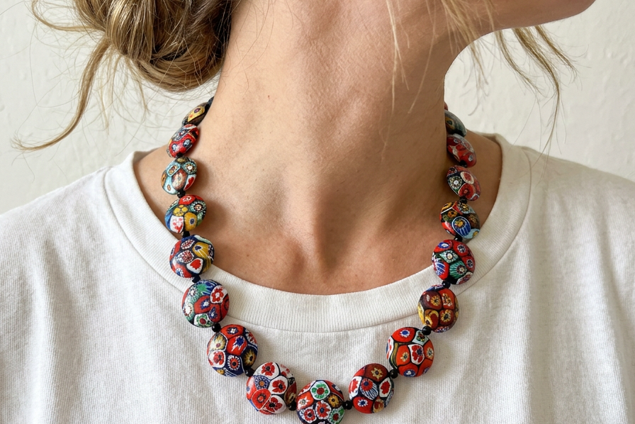 A close-up lifestyle shot of a woman wearing a chunky glass bead necklace with a vibrant multicolor pattern of red, blue, yellow, and white, paired with a white t-shirt.