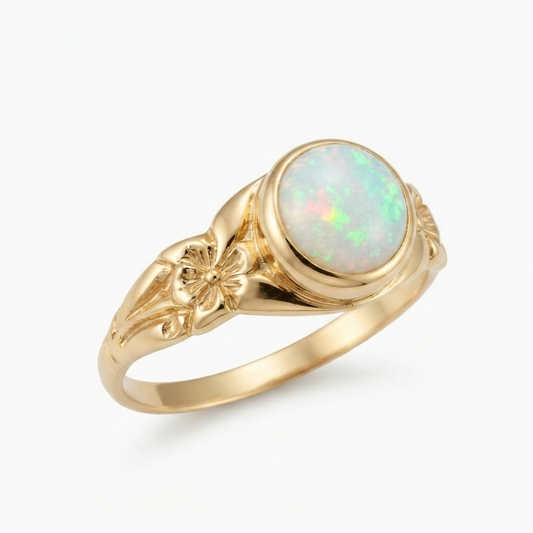 A yellow gold floral ring featuring a round cabochon opal with iridescent white, green, and pink flashes, set against a clean white background.