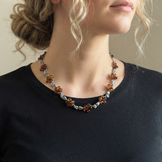 Vintage Sterling Amber Floral Necklace