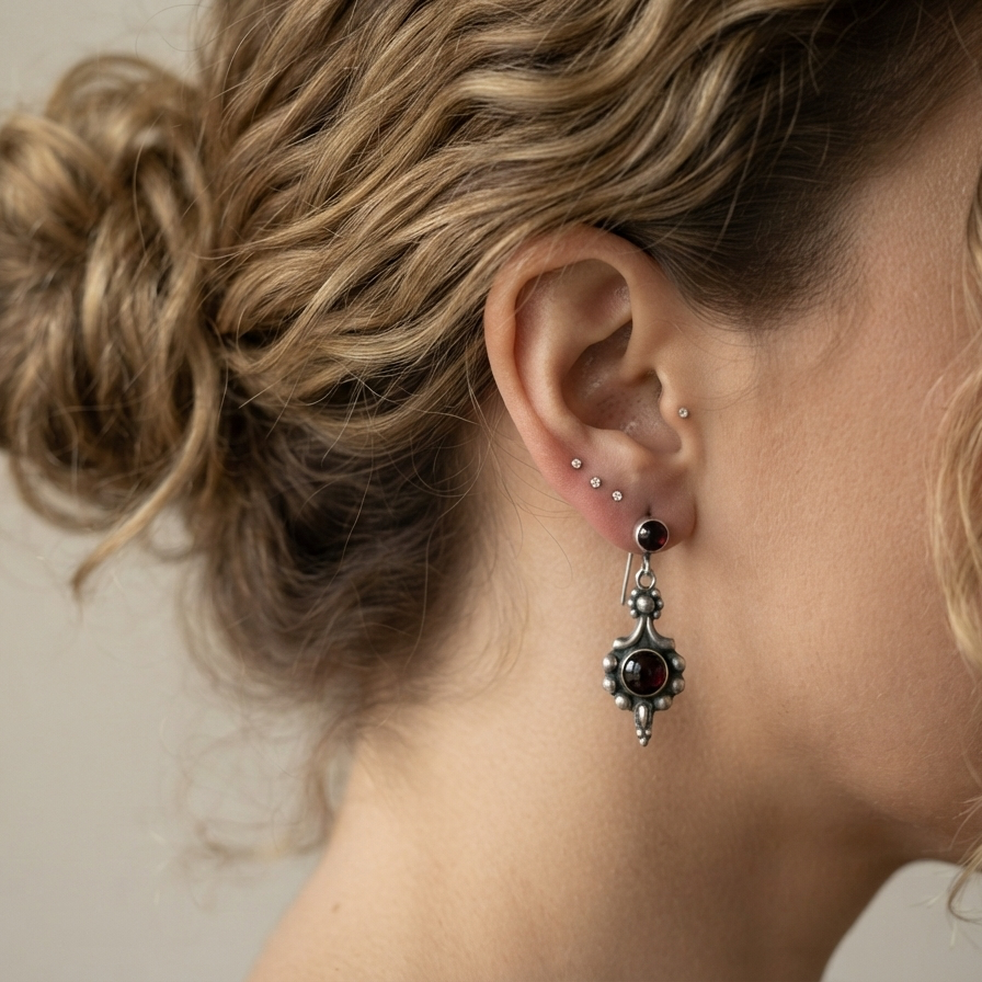 Vintage Silver Garnet Drop Earrings