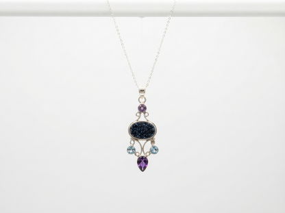 Vintage Silver Druzy, Amethyst & Topaz Necklace