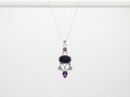 Vintage Silver Druzy, Amethyst & Topaz Necklace