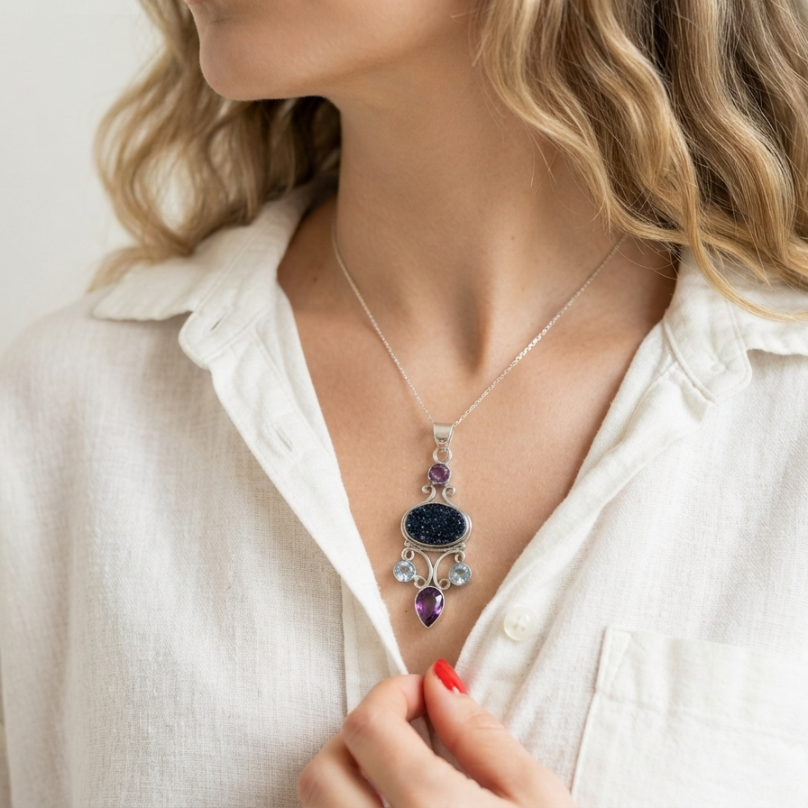 Vintage Silver Druzy, Amethyst & Topaz Necklace