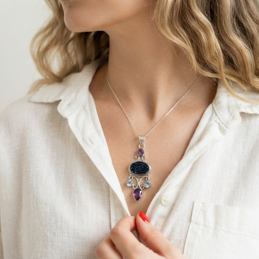 Vintage Silver Druzy, Amethyst & Topaz Necklace