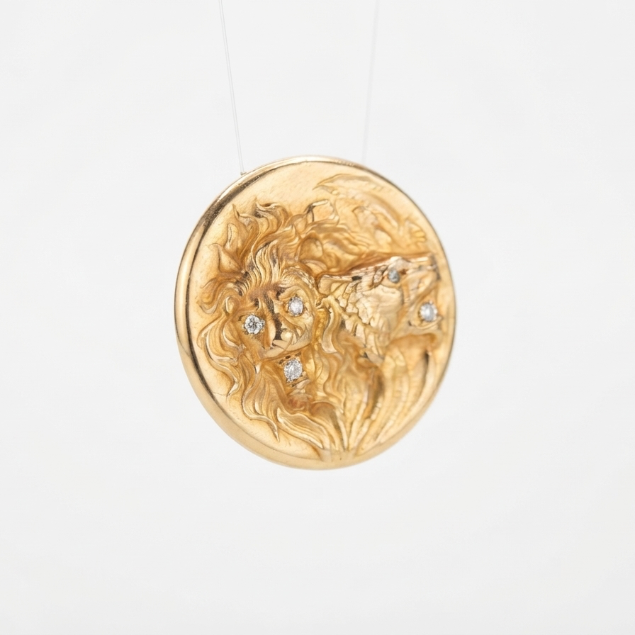 Victorian Gold-Filled Diamond Lion Locket Brooch