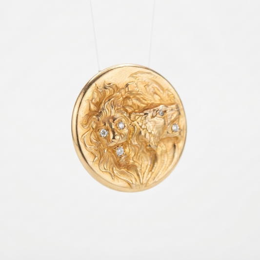 Victorian Gold-Filled Diamond Lion Locket Brooch
