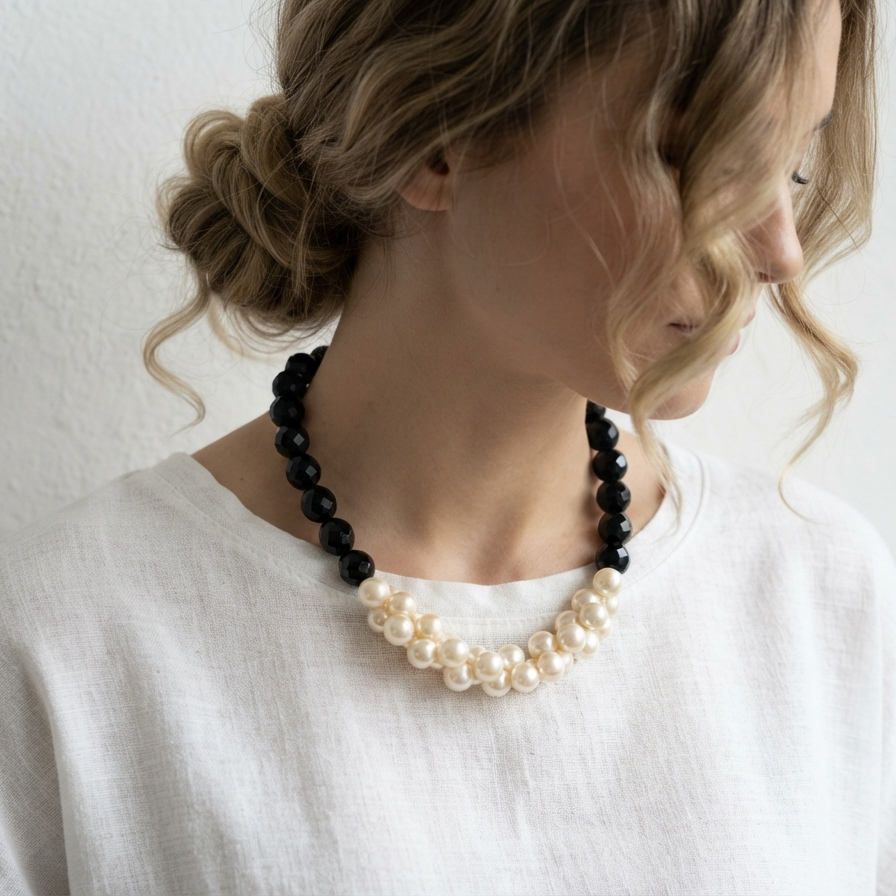 Vintage Black Glass & Faux Pearl Necklace