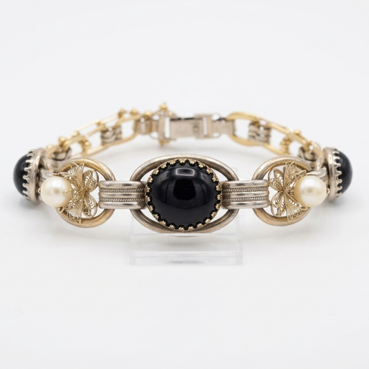 Vintage Black Cabochon & Faux Pearl Link Bracelet