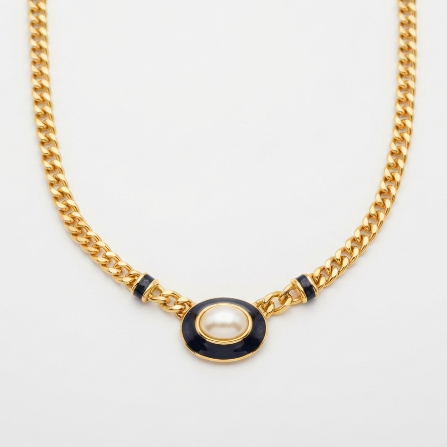 Vintage Monet Enamel & Faux Pearl Necklace